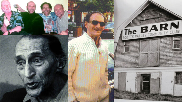 Leon Tabory collage photo with a triptych - L is with beatniks, M is 3/4 shot of Leon in a yellow shirt and sunglasses looking cool, and R is The Barn in Santa Cruz he founded and helped bring hippie culture to the town